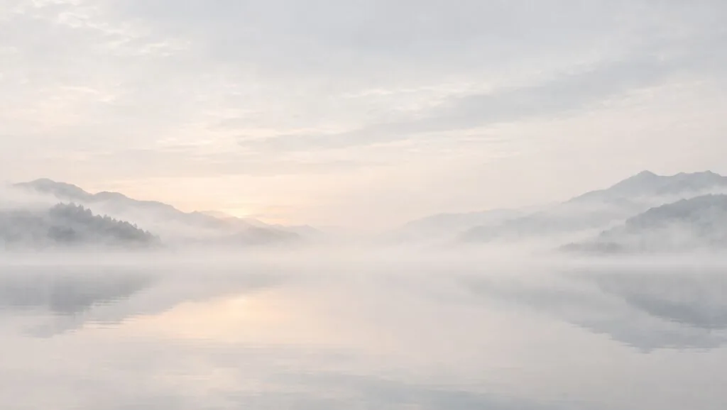 霧のかかった湖と山の風景
