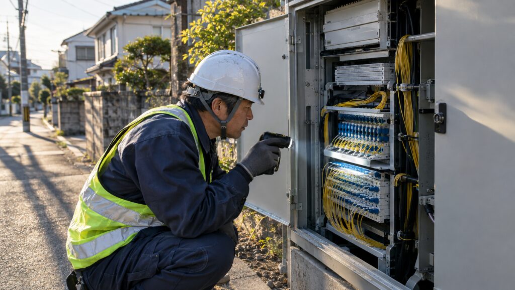 屋外の通信接続キャビネットを点検する作業員
