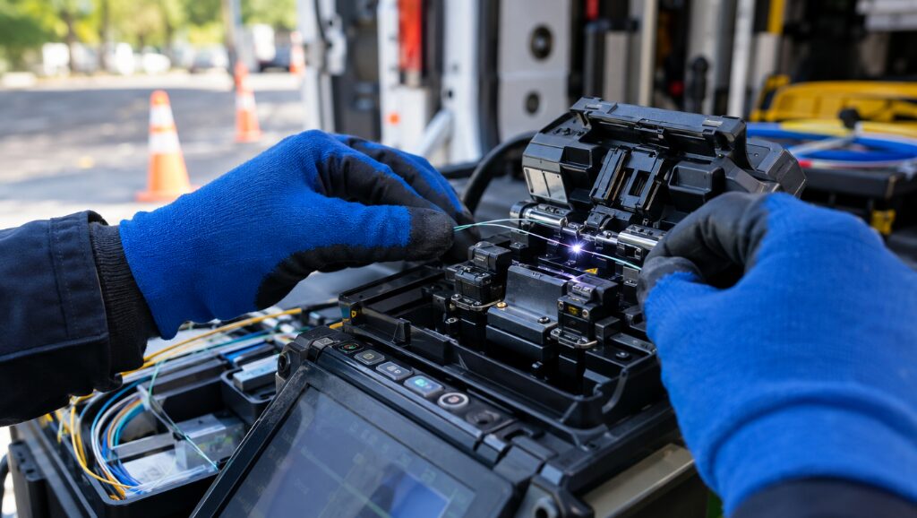 光ファイバー融着接続機を操作する手元