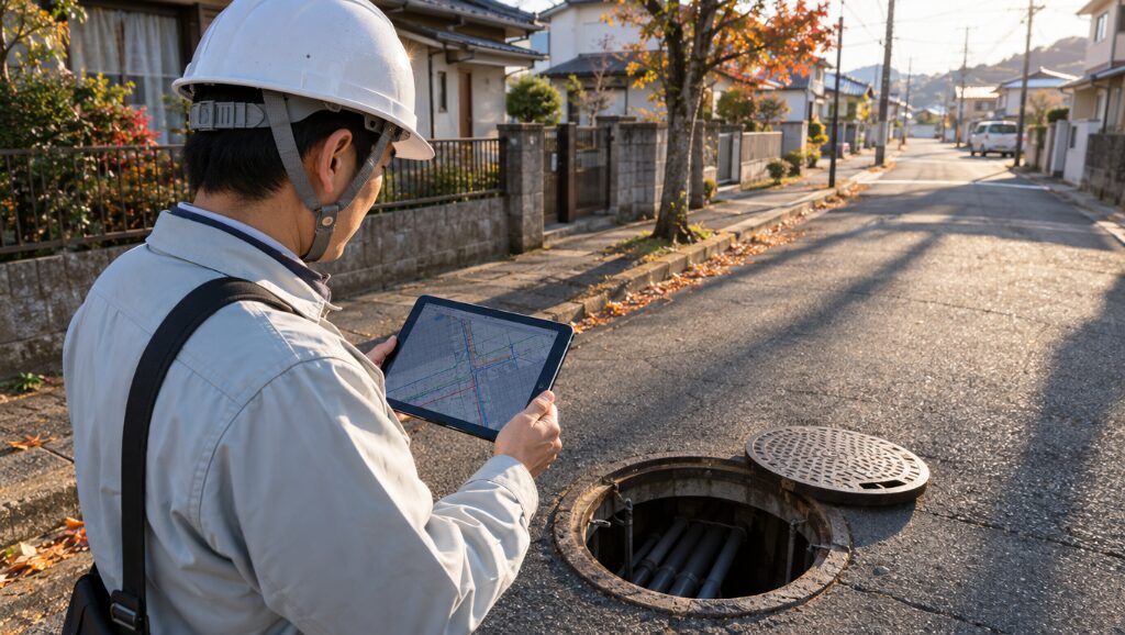 マンホール前でタブレットの地図を確認する作業員