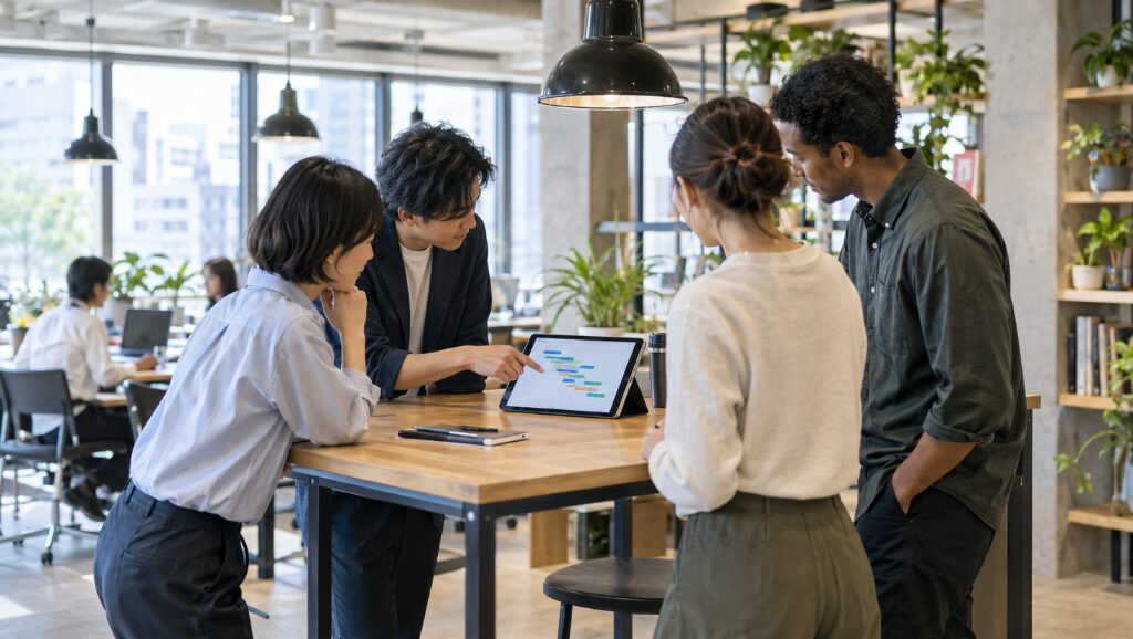 タブレットの工程表を見ながら打ち合わせをする社内チーム