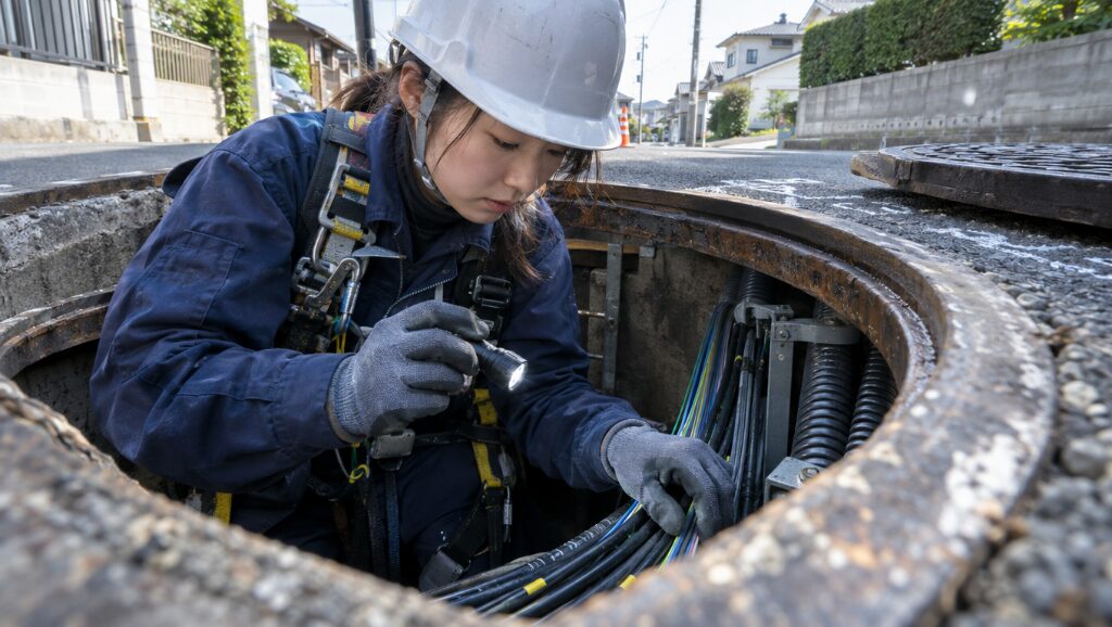 マンホール内で光ファイバーケーブルを点検する通信工事の作業員