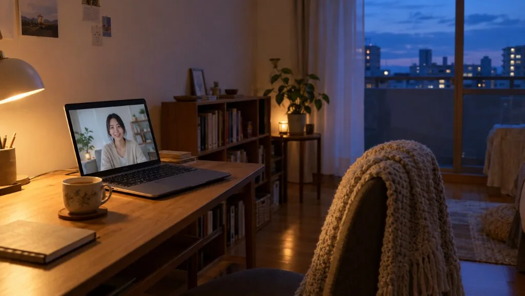 夜景の見える部屋でノートパソコンに向かう様子