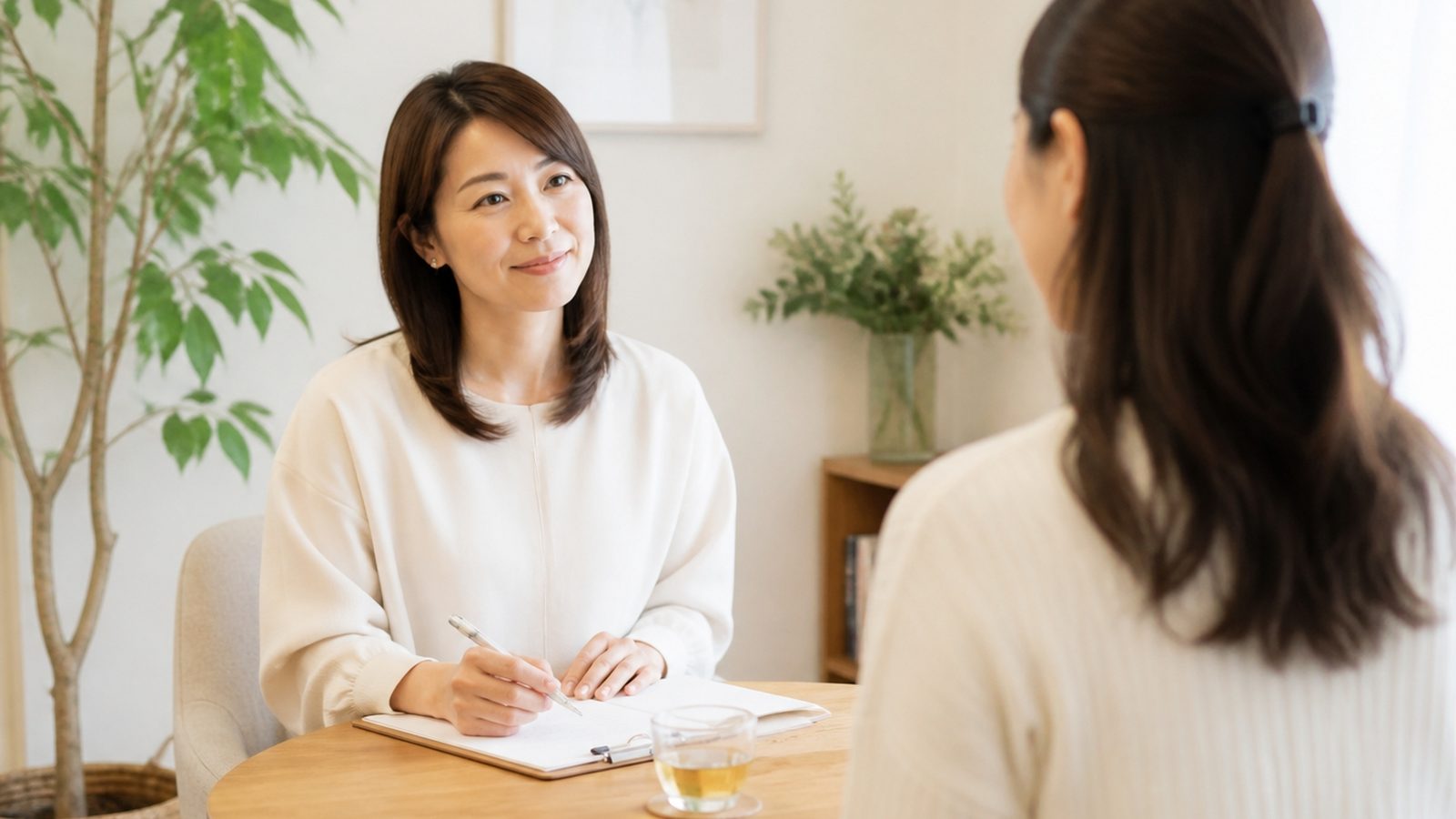 明るい相談室で、カウンセラーが女性の話を穏やかに聞いている様子