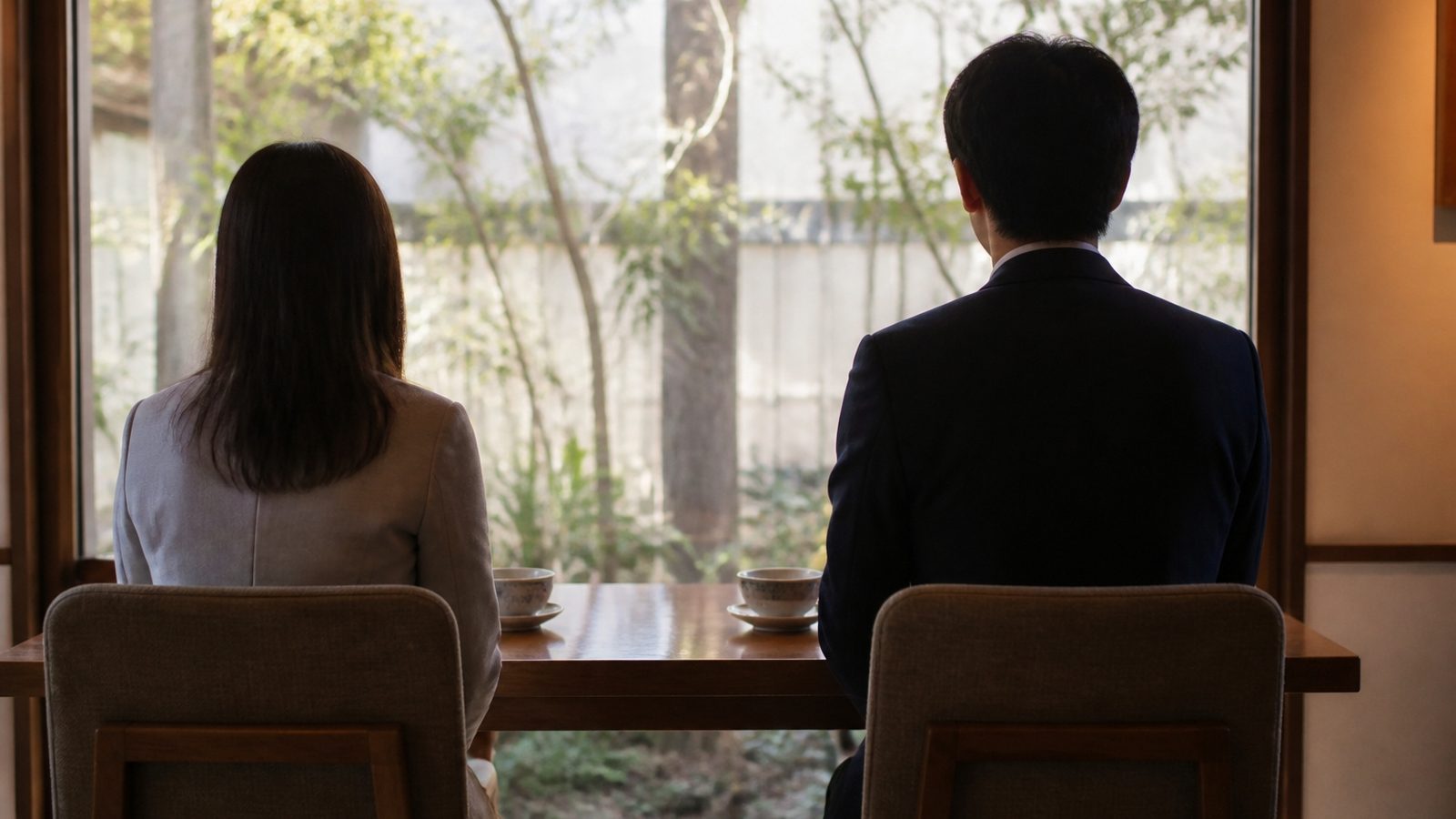 カフェの窓際で向かい合ってお見合いをしている男女の後ろ姿